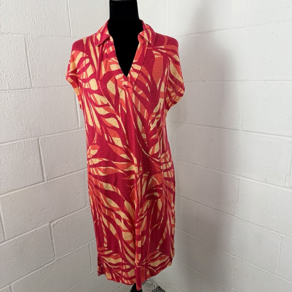 Tahari Linen Blend Popover Dress Red Tropical Leaves Travel Resort‎ Island SZ S